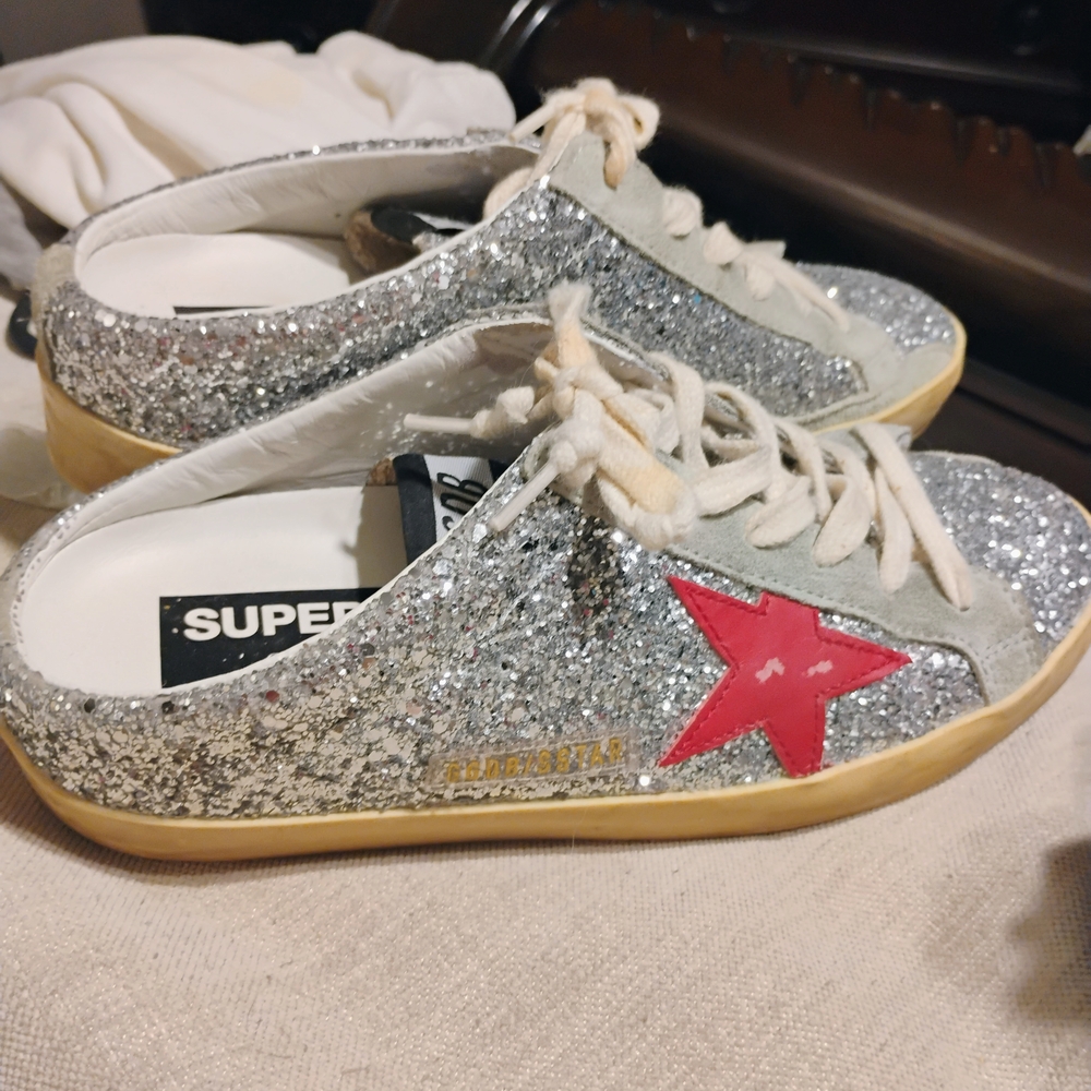 Golden Goose Silver Glitter Sneakers with Red Star
